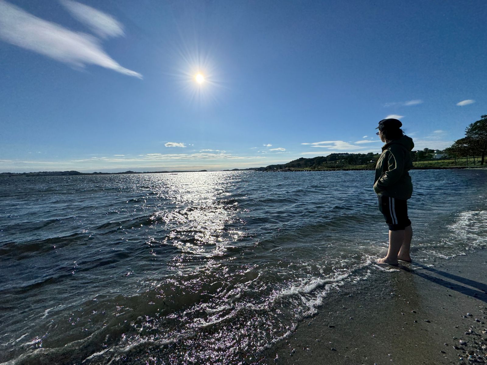 Standing on the shore.